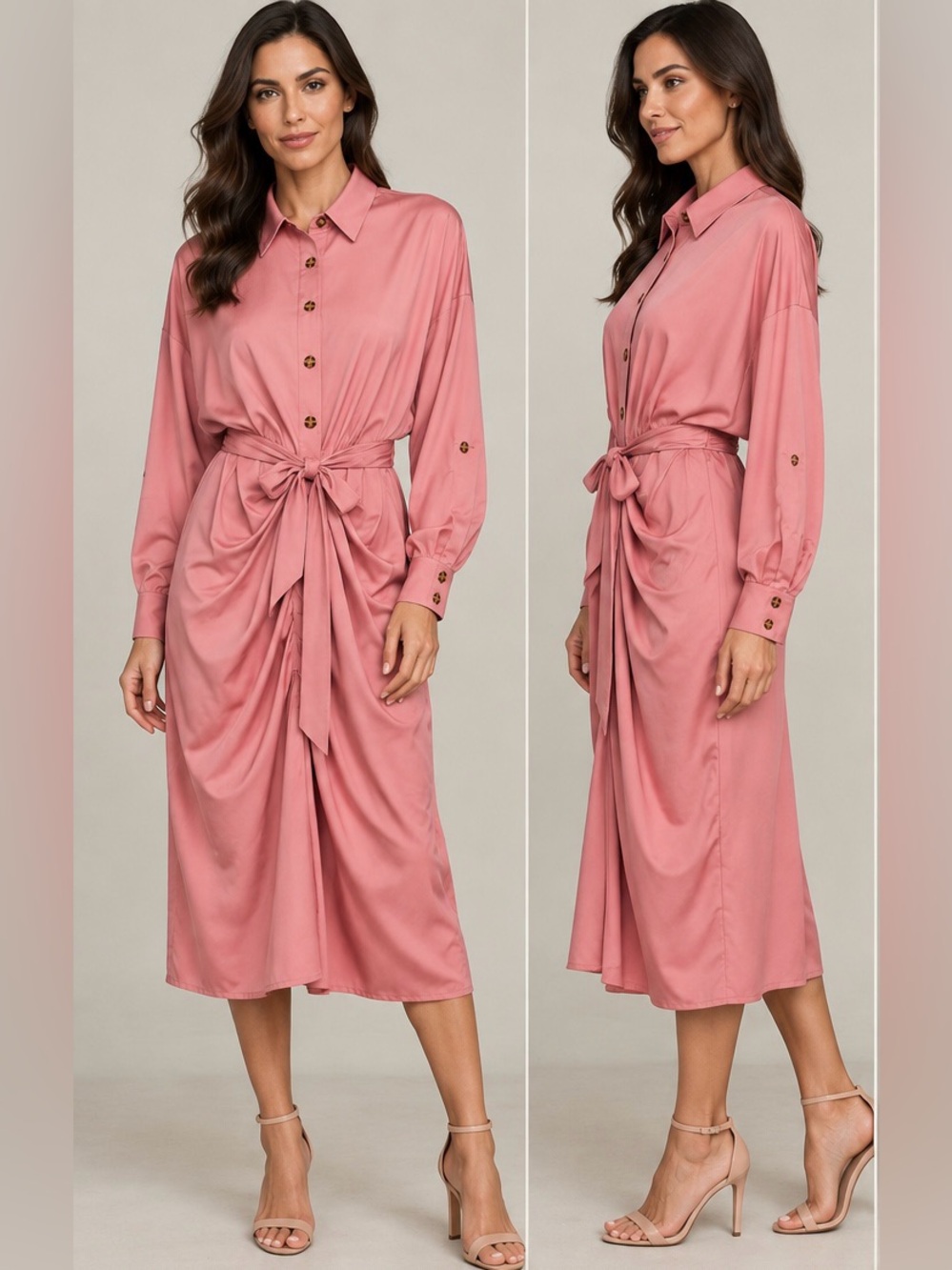 Antonio Melani Women’s Size 10 Pink Ruched Button Front Midi Shirt Dress Belted